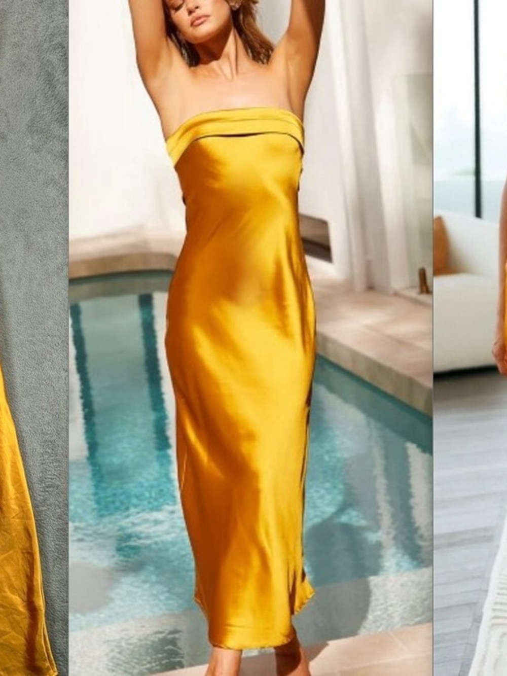 Strapless Satin Midi Dress in Gold